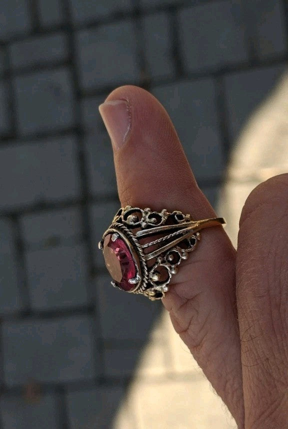 Soviet silver ring with 875 hallmark, gilding and synthetic corundum stone