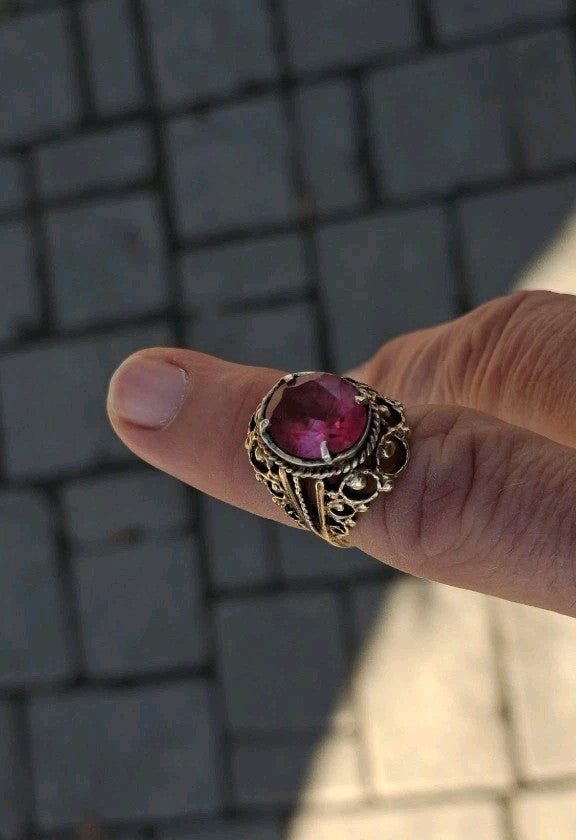 Vintage Soviet jewelry, gilded ring with synthetic corundum, side view