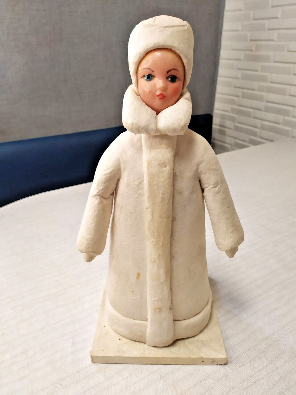 Soviet Snegurochka figurine, cotton Snow Maiden in white coat and hat with blue eyes