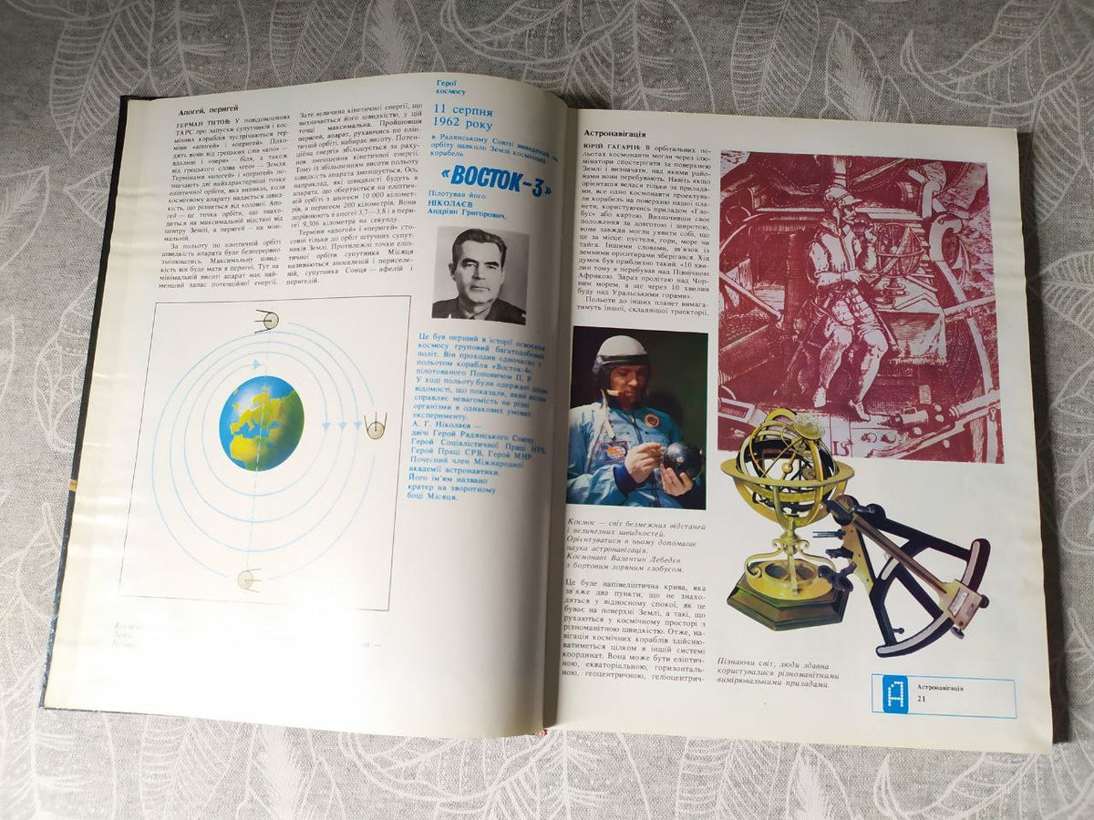 Soviet space memorabilia book page with rocket and orbital station diagrams – detail 11