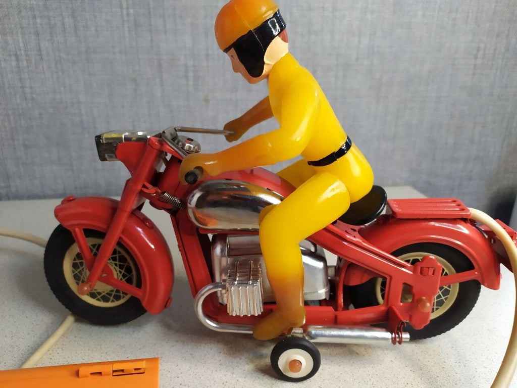 Old Soviet toy motorcycle red lithographed tin body, side view – detail 19