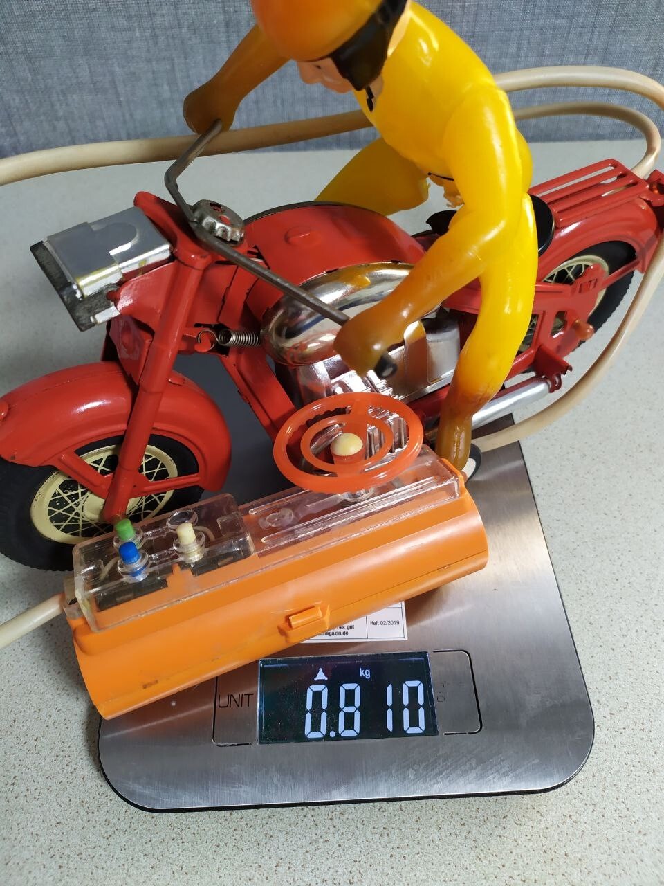 Old Soviet toy motorcycle red lithographed tin body, side view – detail 22