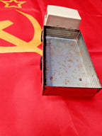 Old Soviet toy truck showing play wear, rust and paint loss on the tin bed – detail 5