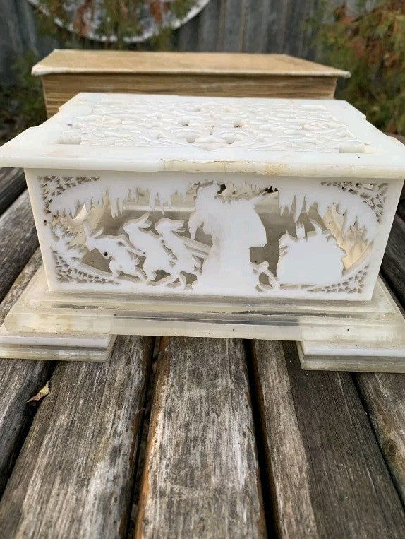 Vintage Soviet trinket box with carved Winter Fairytale openwork panels and plexiglass frame