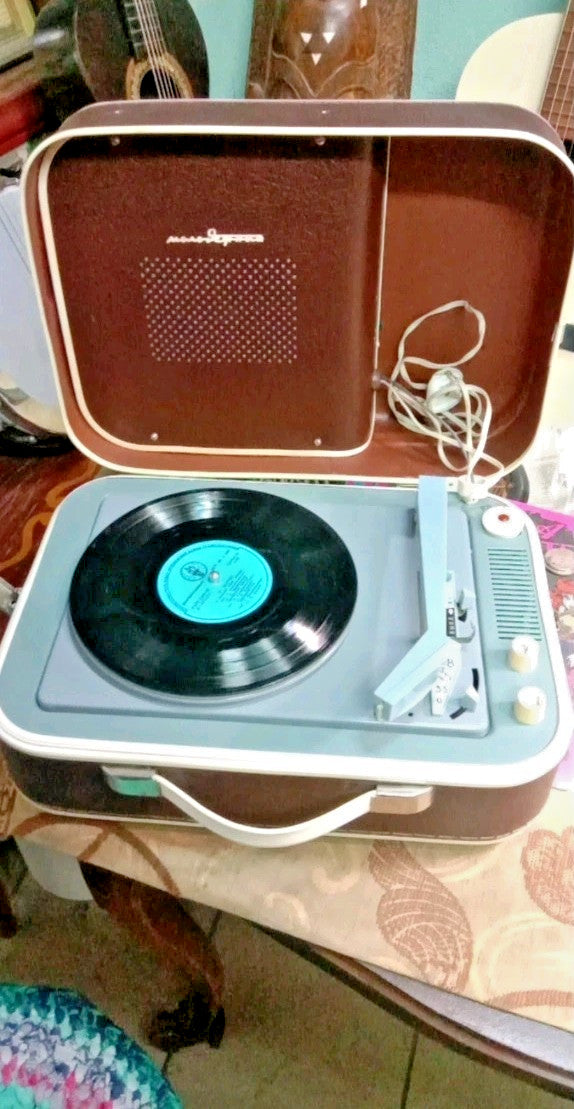 Soviet tube record player Molodezhny in brown faux-leather suitcase case with cream trim
