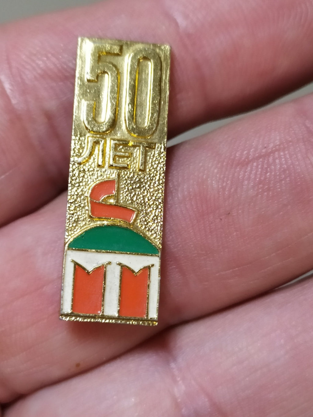 Soviet USSR anniversary badge 50 years, enamel pin in gold-tone aluminum