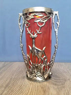 Soviet vase with ruby red glass cylinder in metal filigree holder with deer motif