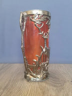 Vintage Soviet red glass vase with stag in metal holder