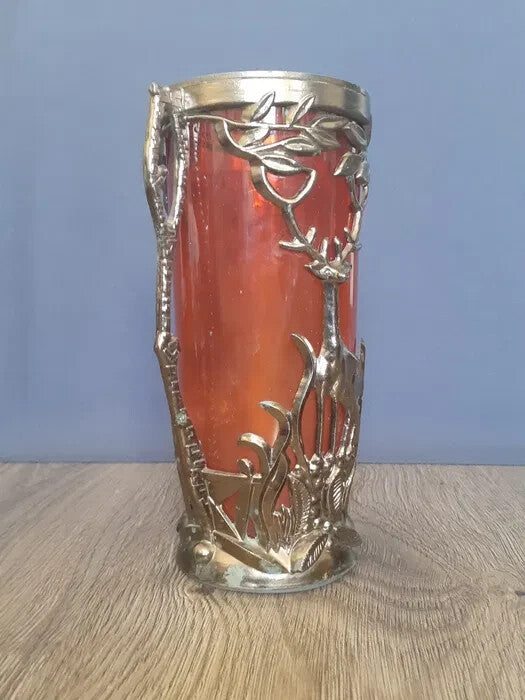 Vintage Soviet red glass vase with stag in metal holder