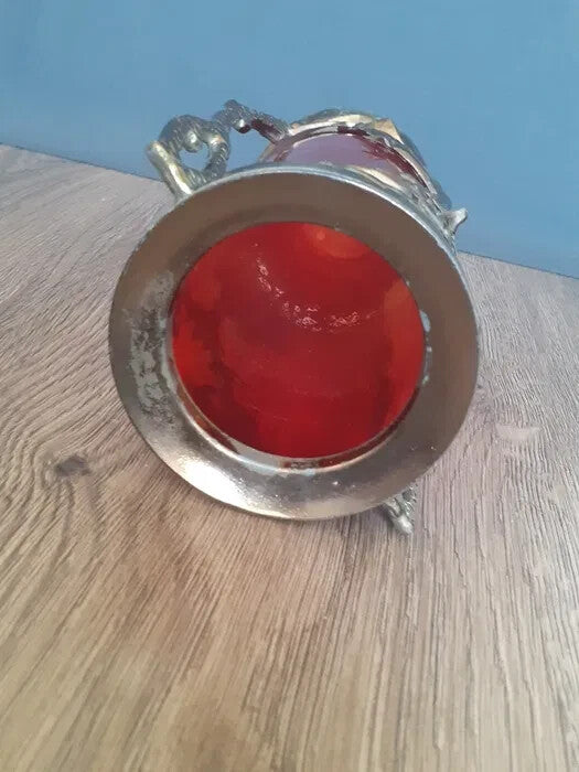 Vintage Soviet red glass vase with stag in metal holder – detail 5