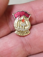 Soviet veteran badge, vintage USSR enamel pin with red flag and hammer and sickle