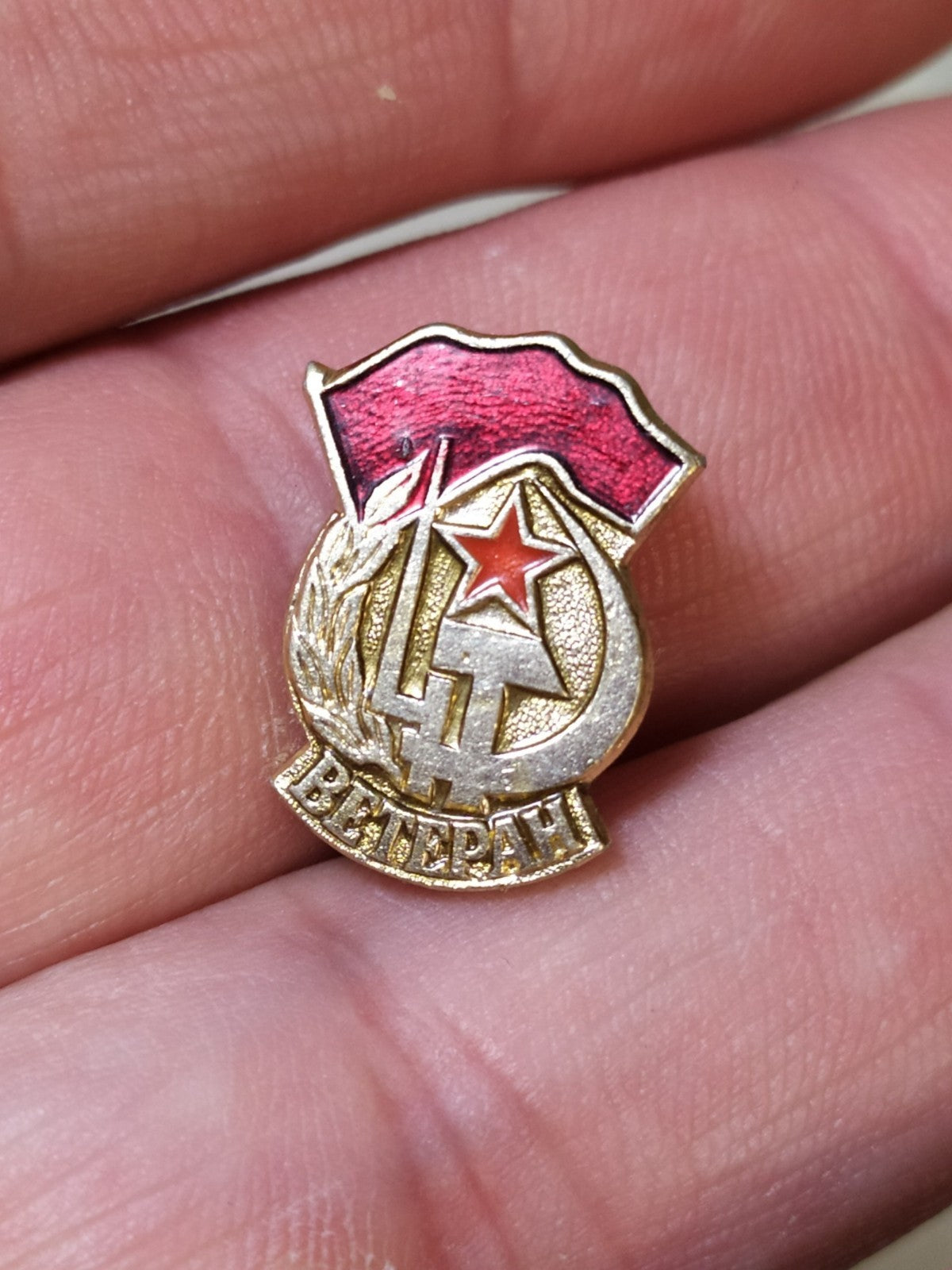 Vintage USSR veteran pin with red enamel flag