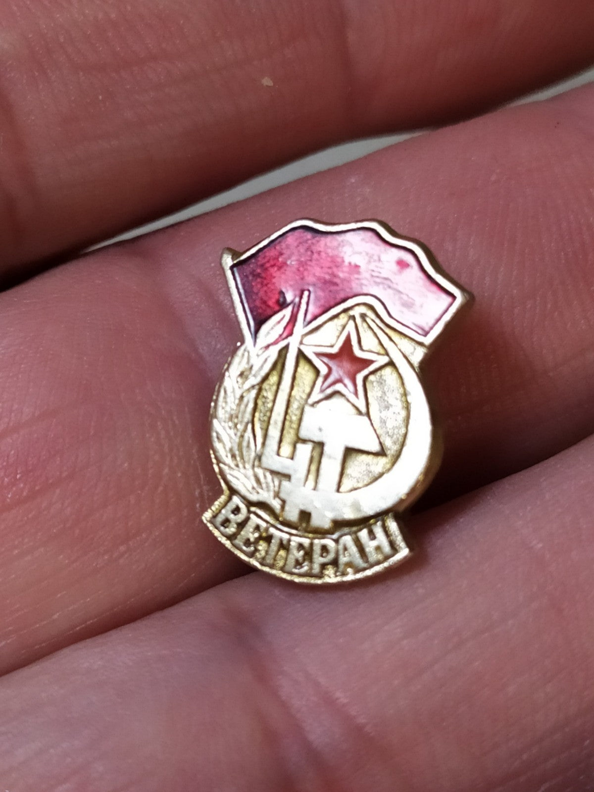 Soviet enamel badge hammer and sickle, close-up