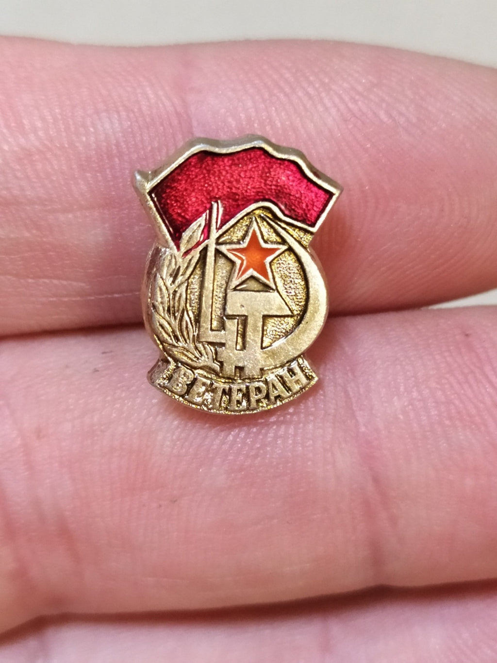 Soviet Veteran of Labor badge with red star, hammer and sickle in enamel