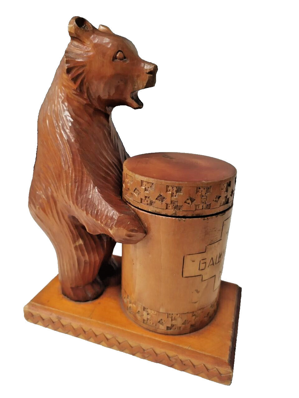 Soviet wooden bear figurine hand carved holding a Bashkir Honey barrel