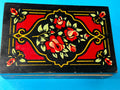 Soviet wooden jewelry box with hand-painted red roses and gold accents on black lid