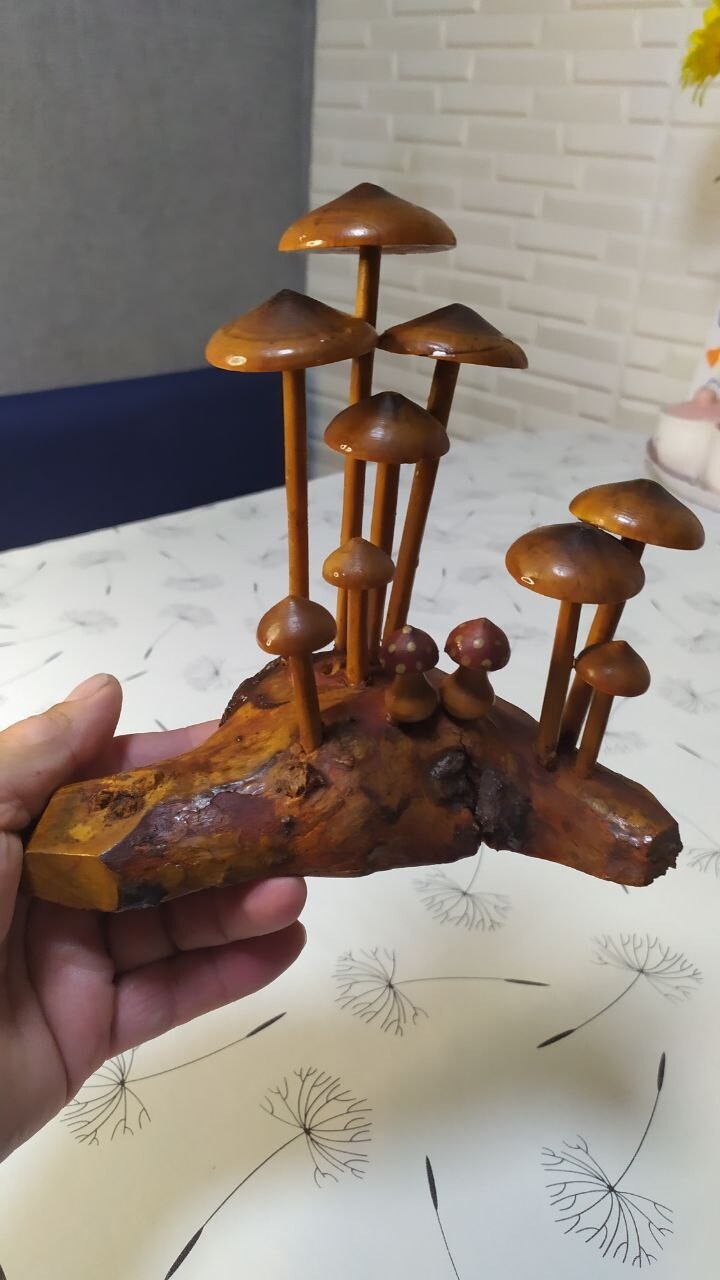 Handmade USSR wooden mushroom decor, side view – detail 10