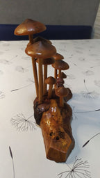 Varnished carved wooden mushrooms growing from a driftwood root base – detail 5