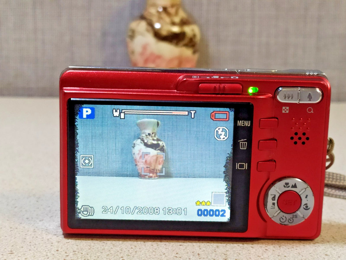 LCD screen with black dots on the red compact digital camera – detail 9
