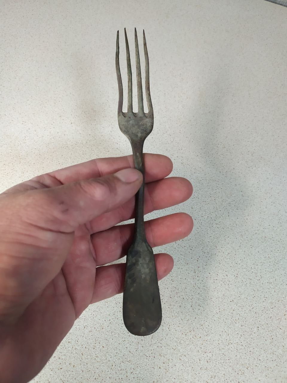 Antique Russian copper alloy dinner fork on a scale showing 67 grams – detail 10