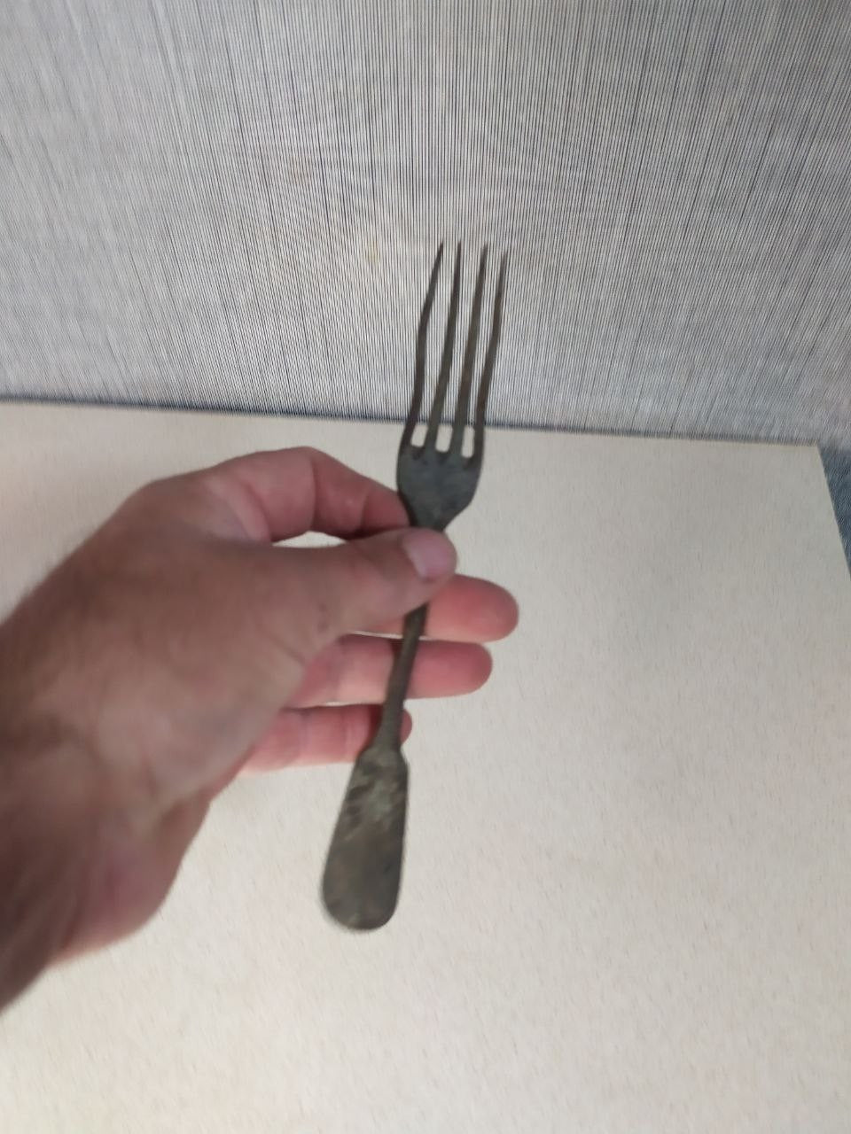 Imperial Russian copper fork with four tines, close-up of the tine root – detail 6
