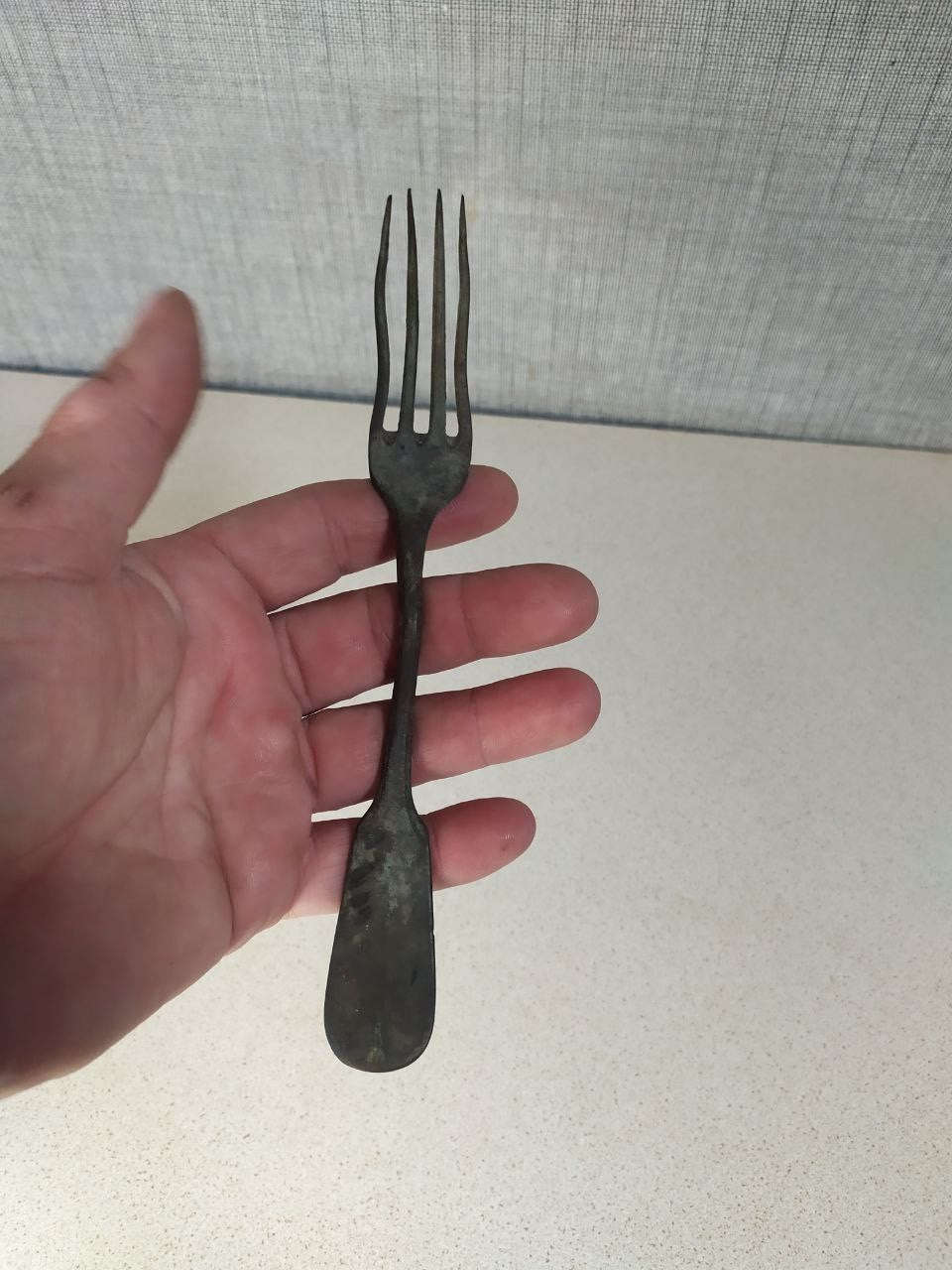 Antique Russian copper alloy dinner fork on a scale showing 67 grams – detail 7