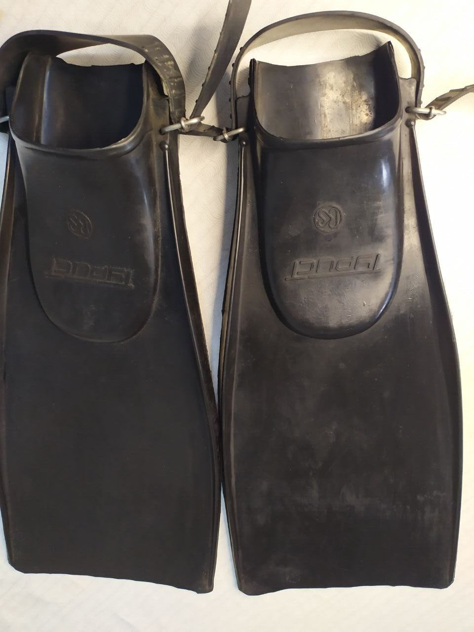 Pair of black rubber Soviet flippers with adjustable straps and metal buckles