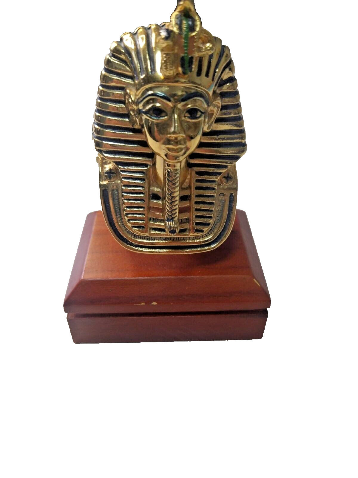 Tutankhamun pharaoh bust in gold-tone metal on a polished wood pedestal