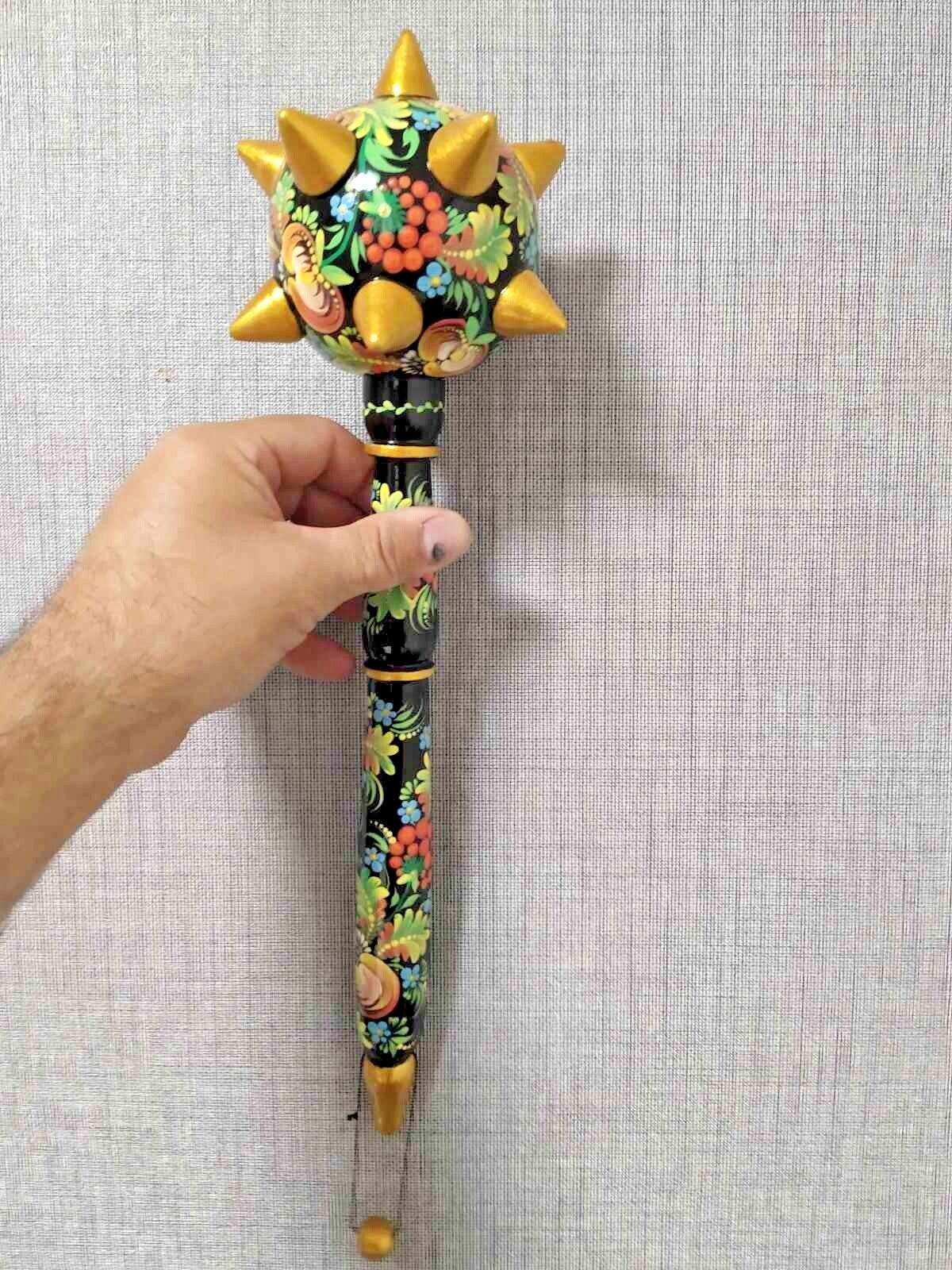 Ukrainian painted wooden mace bulawa in Petrykivka style