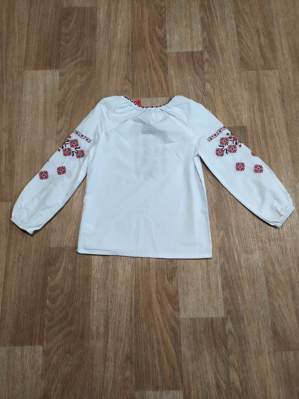 Ukrainian embroidered blouse neckline with red tassels – detail 11