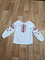 Ukrainian embroidered blouse neckline with red tassels