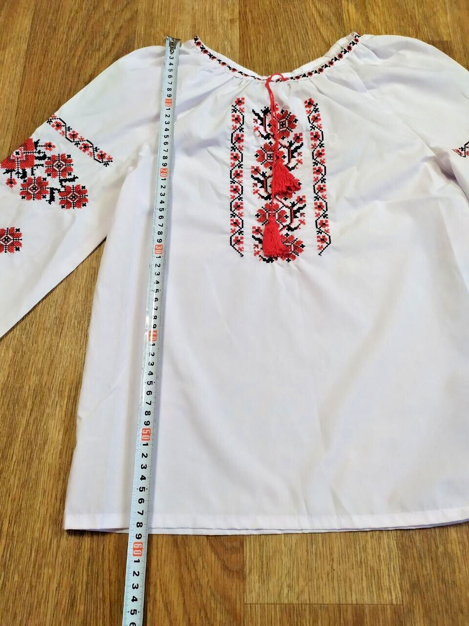 Ukrainian embroidered blouse neckline with red tassels – detail 5
