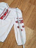 Ukrainian embroidered blouse neckline with red tassels – detail 8