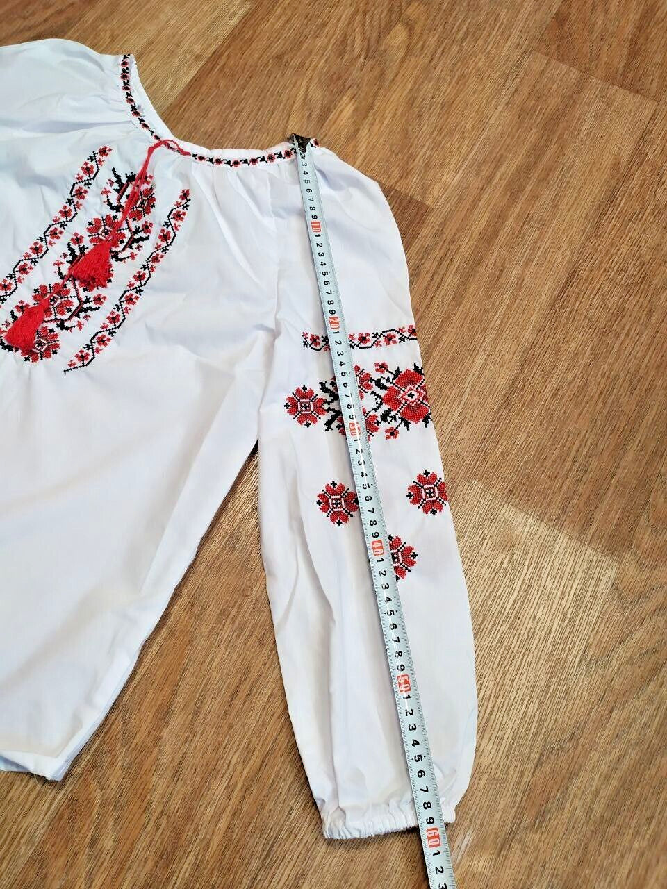 Ukrainian embroidered blouse neckline with red tassels – detail 8