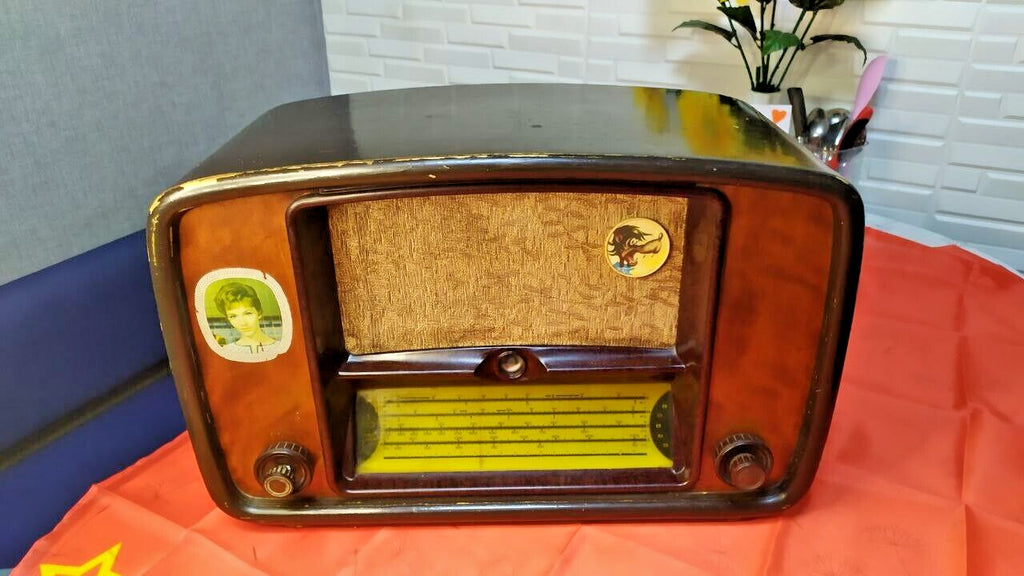 VEF Baltika RZ-1 vintage tube radio with rounded Art Deco case and yellow dial