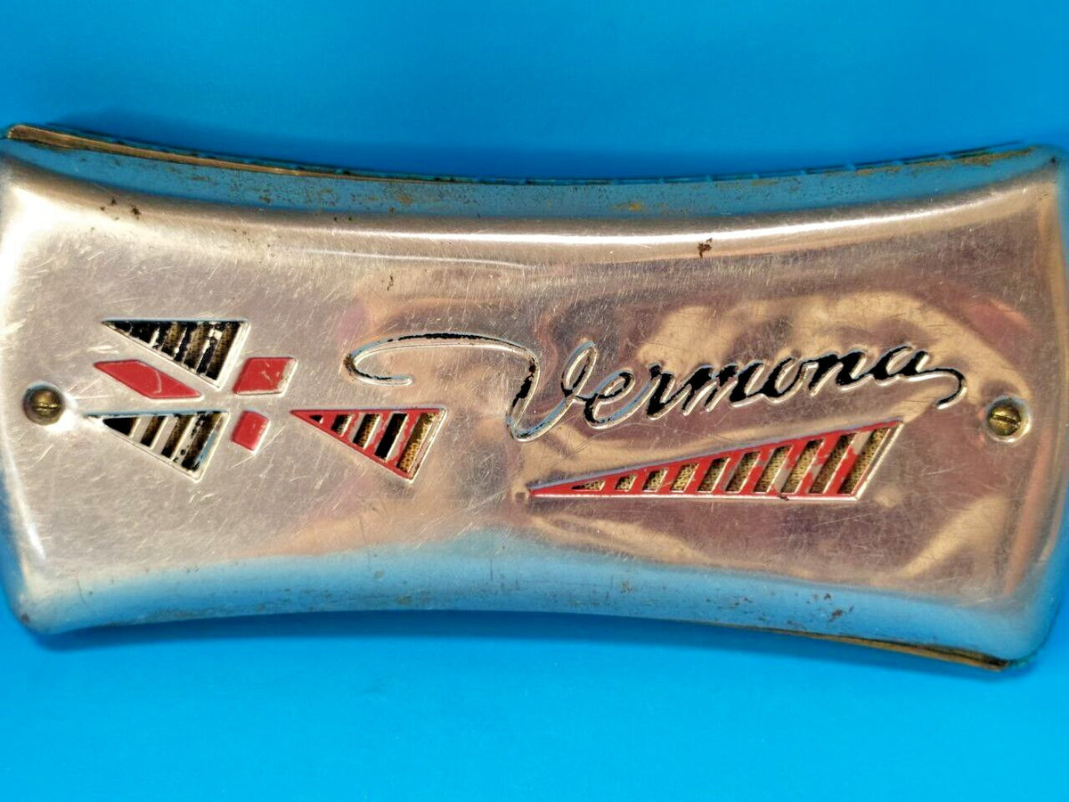 GDR Vermona harmonica with red and black logo and geometric cutouts on chrome covers – detail 8