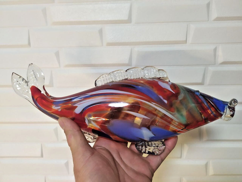Vintage art glass fish figurine with multicolor swirls in clear glass, 16 inches long