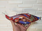 Vintage art glass fish figurine with multicolor swirls in clear glass, 16 inches long