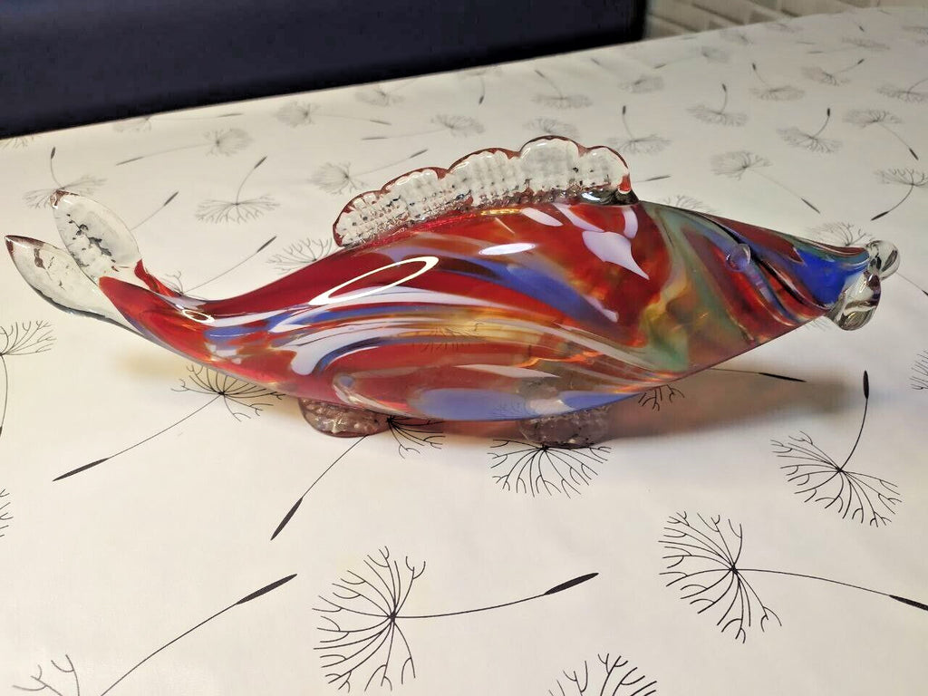 Hand blown glass fish with applied clear ribbed fins and open mouth