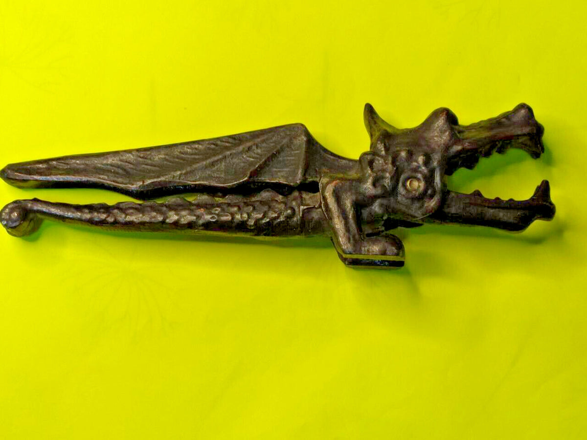 Vintage dragon nutcracker in cast metal, winged dragon figurine with hinged jaw