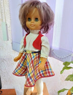 Vintage GDR doll, 45 cm, in folk-style blouse, red felt vest and plaid skirt