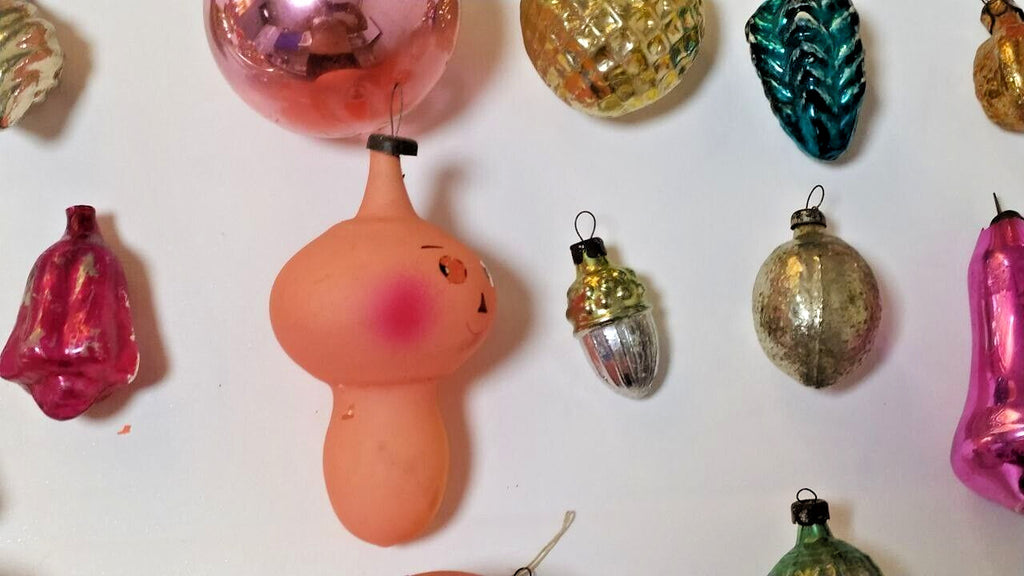Close view of vintage Soviet glass ornaments with different designs