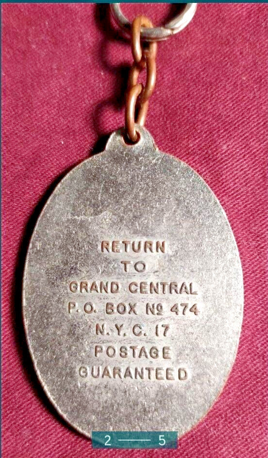 Reverse of vintage key fob: Return to Grand Central P.O. Box No. 474 N.Y.C. 17