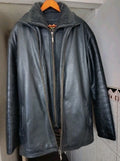 Vintage leather jacket with fur collar, men's XXL black winter coat, front view