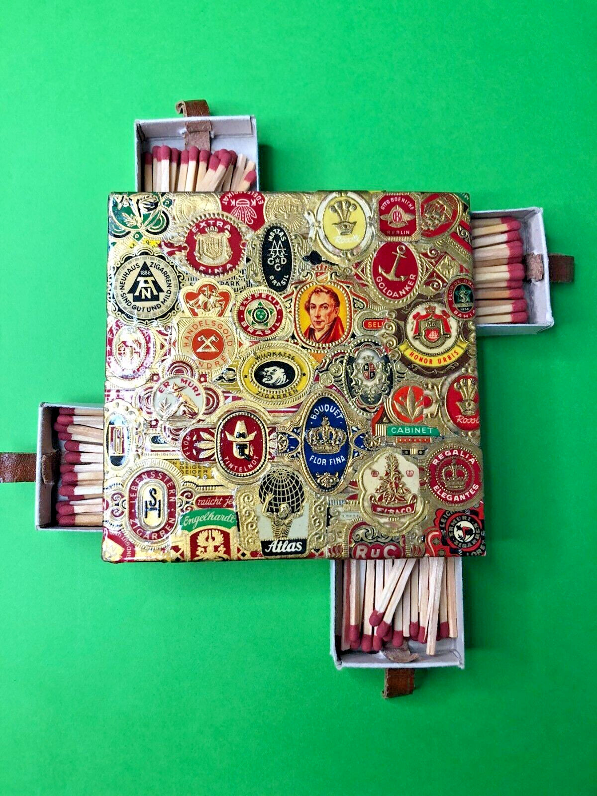 Handmade matchbox case top with embossed cigar labels