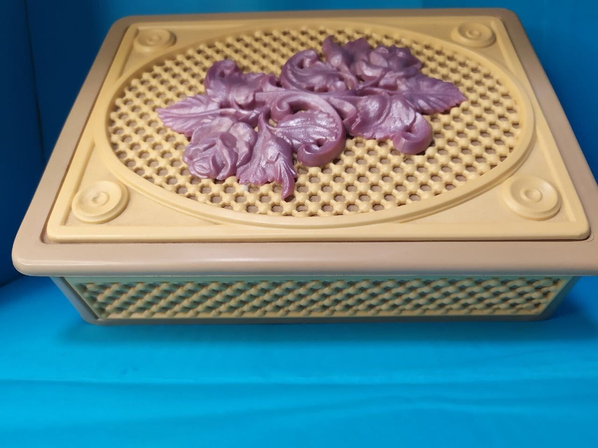 Vintage hard plastic box in beige, cream and lavender