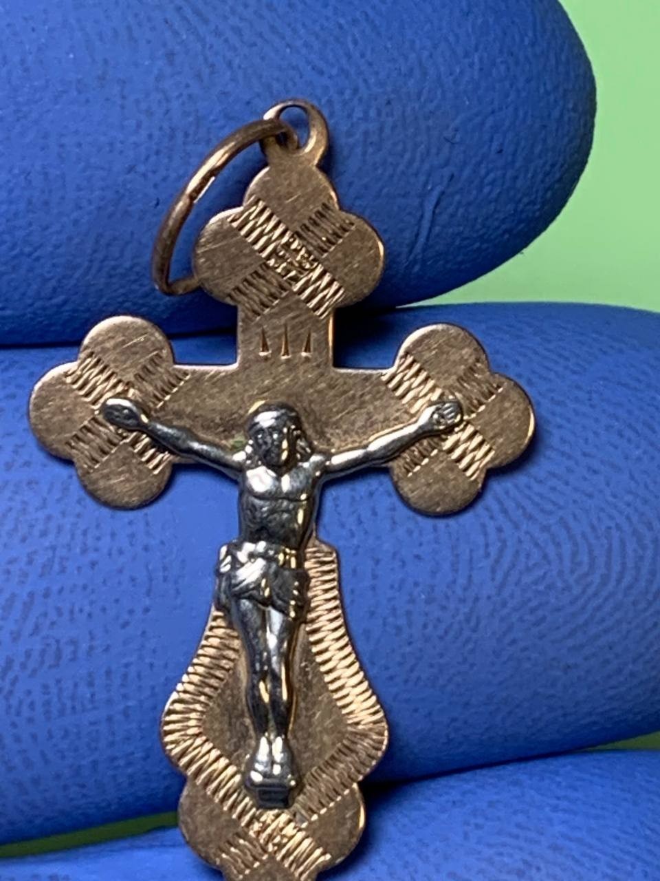 Vintage Russian gold cross pendant in solid 14K yellow gold with crucifix design