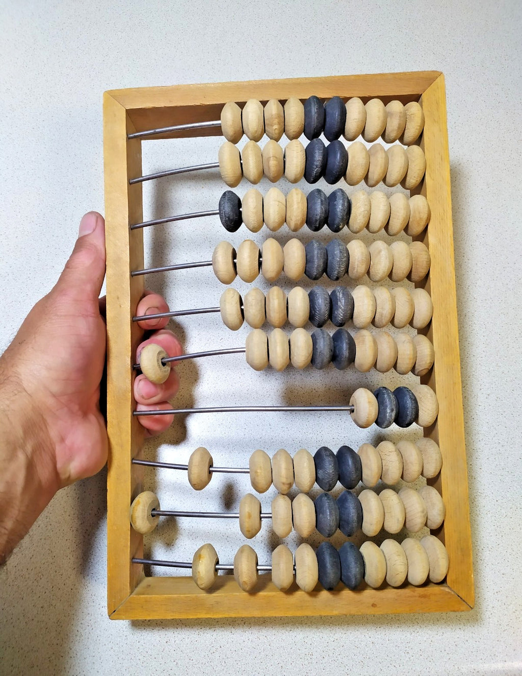 Vintage Soviet abacus schoty with wooden frame, 10 metal rods and two-tone beads