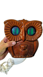 Elektronika clock owl with owlet, brown glazed ceramic body, front view