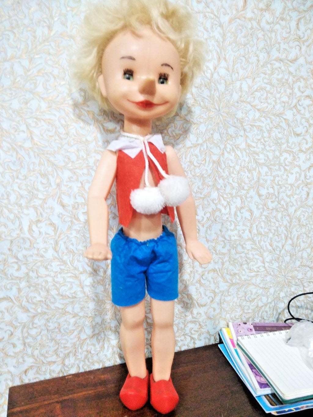 Vintage Soviet doll Buratino, 55 cm Pinocchio with long nose and red felt vest